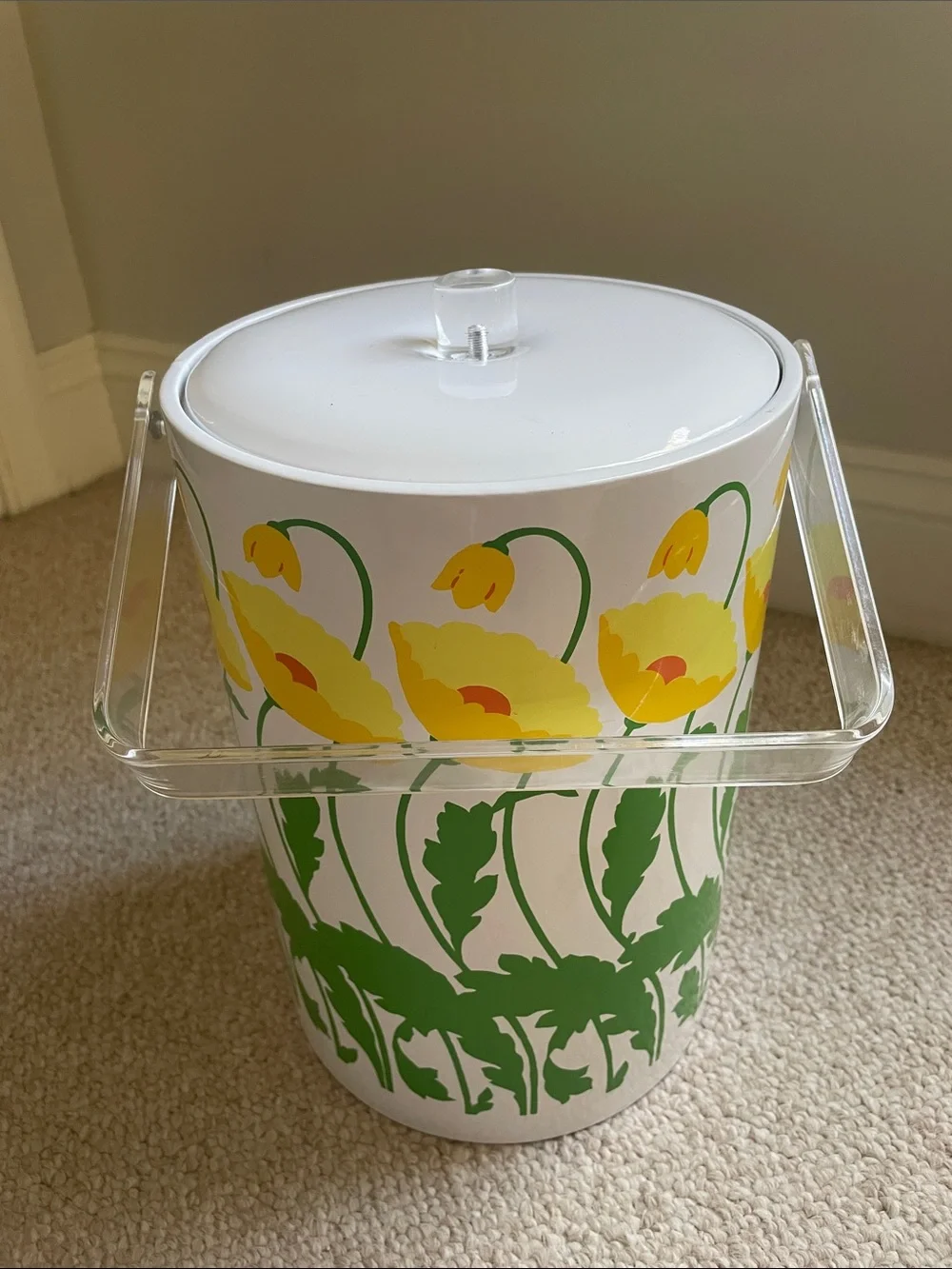 Vintage 1970s St. Tropez Audrey Pattern Ice Bucket with Clear Lucite Handle